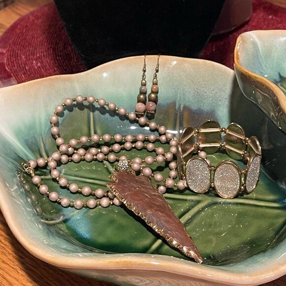 Arrowhead Necklace Set Glass Beads Handcrafted Jasper Earrings 925 - Picture 4 of 4